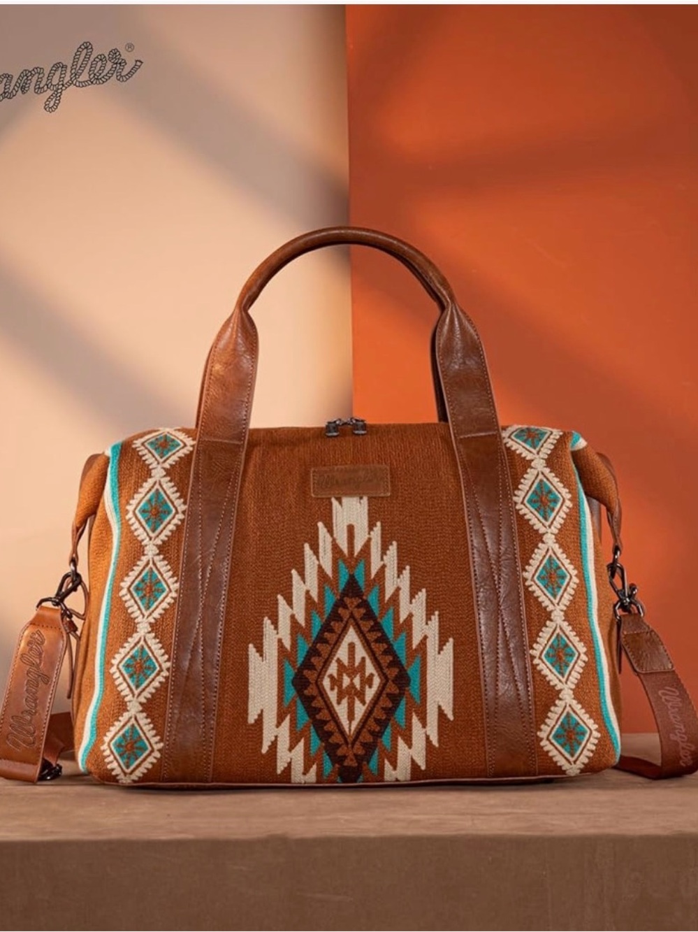 Wrangler Brown Aztec-Pattern Travel Tote with Turquoise Accents
